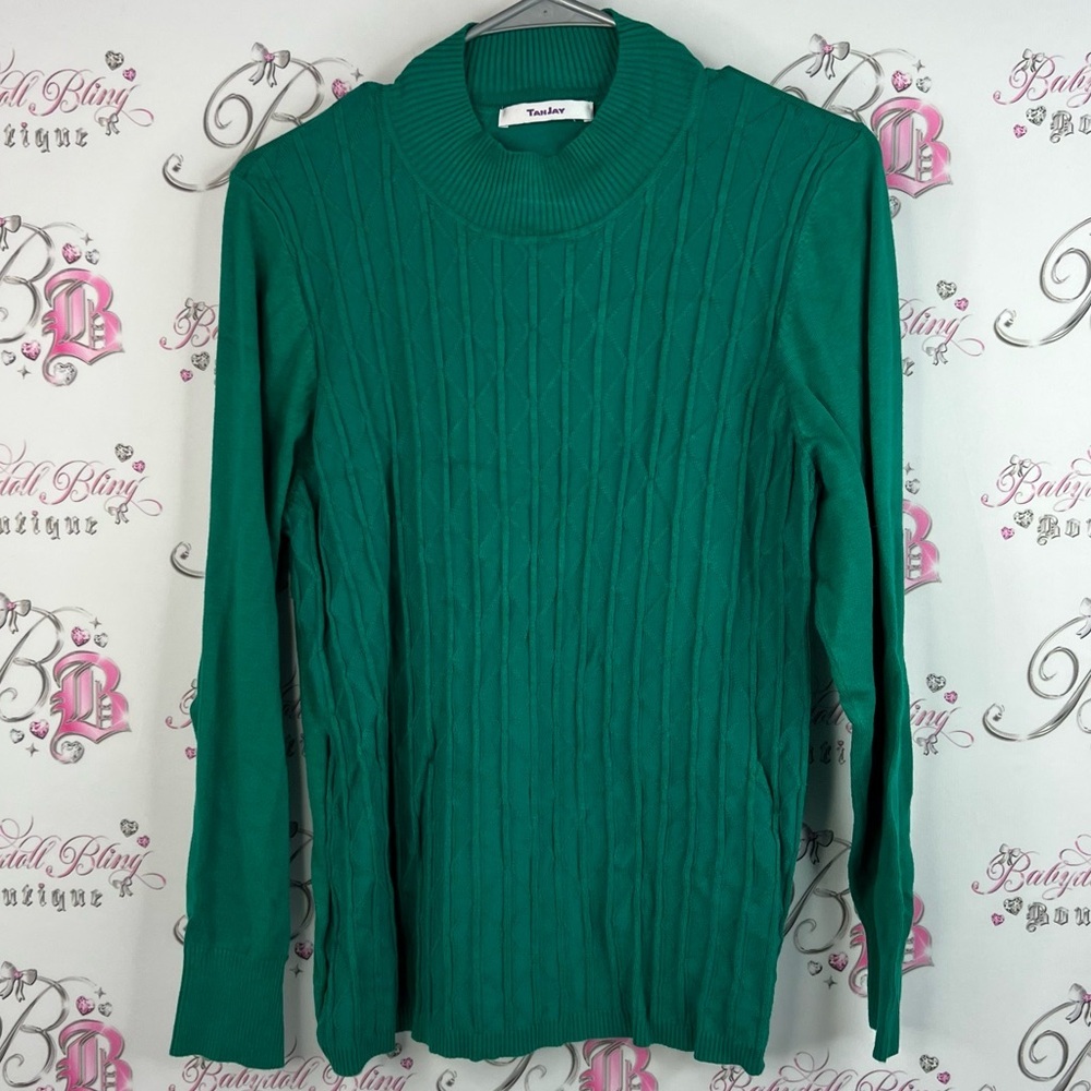 TanJay sweater argyle diamond pattern ribbed stretchy Teal Cable Knit Sweater